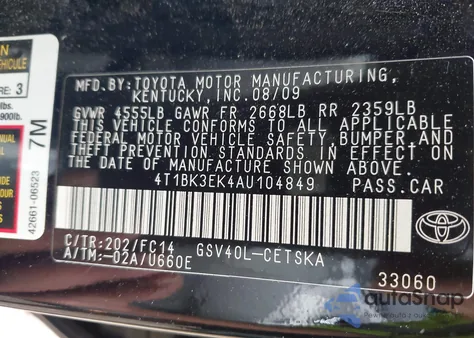 2010 Toyota Camry Se V6 из США, поврежденный, VIN 4T1BK3EK4AU104849